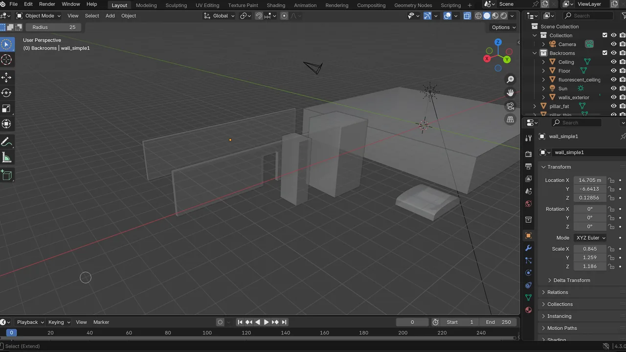 A yellow-walled Backrooms environment being developed in Blender.