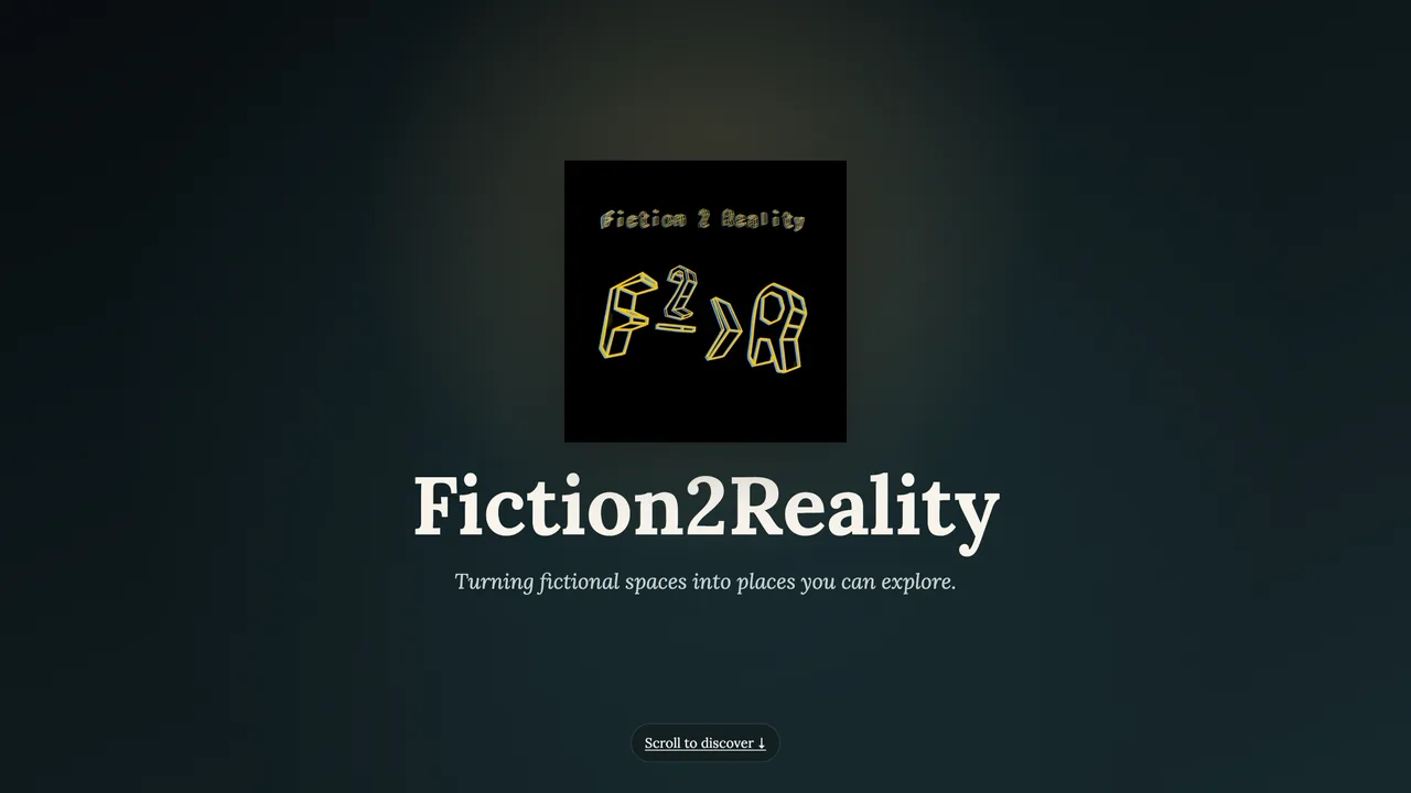 The Fiction2Reality homepage displaying the F2R logo, project name, and tagline.