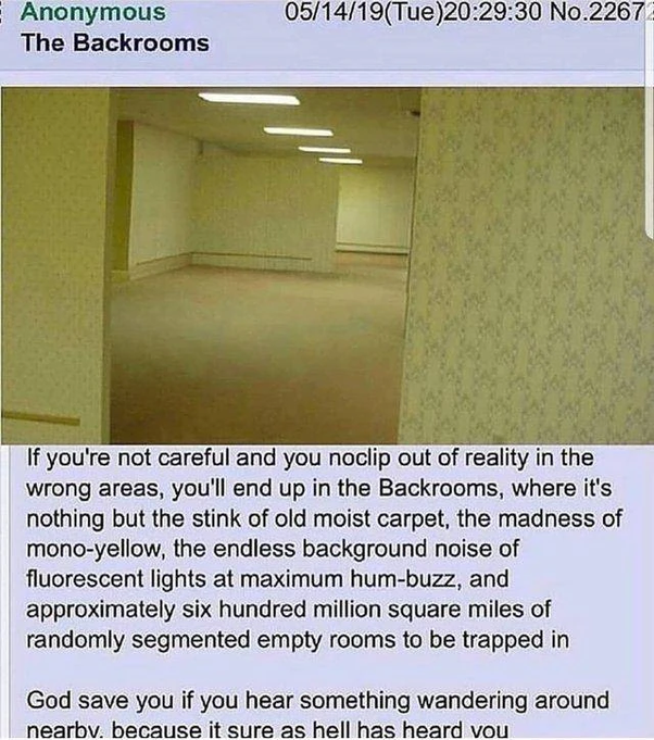 The original 2019 Backrooms image-and-caption post.