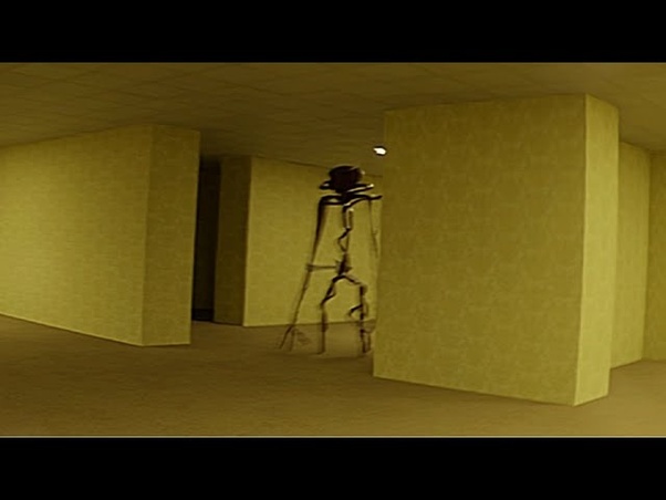 A tall, dark lifeform in Kane Pixels’s first Backrooms found-footage video.